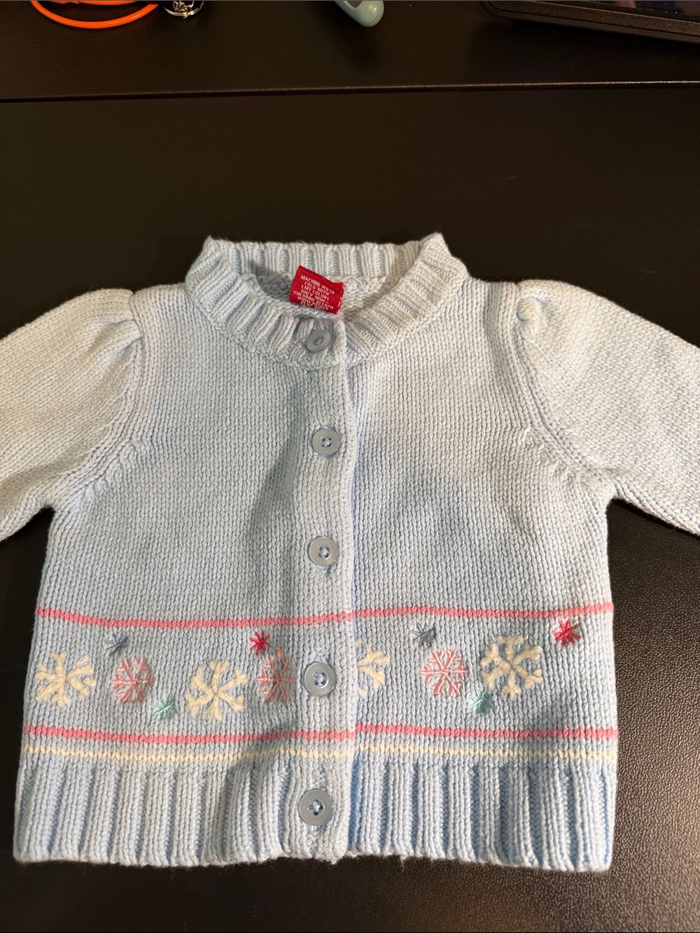 Vintage Light Blue Knit Cardigan with Pastel Snowflake Embroidery